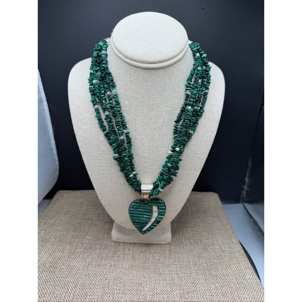 Vintage Malachite & Mother of Pearl Heart Pendant Necklace Sterling Silver